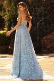 Lentejuelas azules Corsé transparente Una línea Flores 3D Vestido largo de graduación con abertura