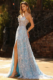 Lentejuelas azules Corsé transparente Una línea Flores 3D Vestido largo de graduación con abertura