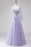 Vestido largo de tul con plique de línea Lila A y manga larga