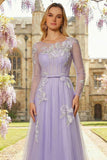 Corsé Lila Línea A, lentejuelas, Tul, vestido largo de baile de graduación con mangas largas