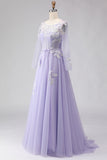 Vestido largo de tul con plique de línea Lila A y manga larga