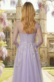 Corsé Lila Línea A, lentejuelas, Tul, vestido largo de baile de graduación con mangas largas