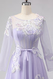 Vestido largo de tul con plique de línea Lila A y manga larga