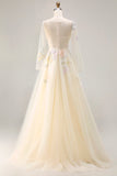 Vestido largo de tul con plique de línea Lila A y manga larga