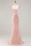 Vestido largo de graduación Sweetheart Mermaid Blush Corset con cuentas y lentejuelas