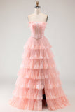 Corsé de lentejuelas sin tirantes lila Vestido largo de graduación con volantes y abertura