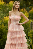 Corsé de rosa de lentejuelas, largo de graduación con abertura y corte de tirantes, volantes de niveles, línea A