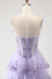 Corsé de lentejuelas sin tirantes lila Vestido largo de graduación con volantes y abertura