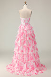 Vestido largo de fiesta con corsé en capas de lentejuelas y lentejuelas de la línea A de flores rosas blancas con abertura