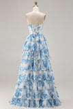 Corsé floral blanco azul sin tirantes de línea A con volantes y vestido largo de graduación con abertura
