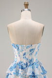 Corsé floral blanco azul sin tirantes de línea A con volantes y vestido largo de graduación con abertura
