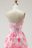 Corsé floral blanco azul sin tirantes de línea A con volantes y vestido largo de graduación con abertura