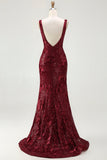 Vestido largo de fiesta con cuello en V de sirena en color burdeos brillante con abertura