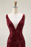 Vestido largo de fiesta con cuello en V de sirena en color burdeos brillante con abertura