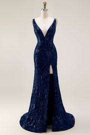 Vestido largo de fiesta con cuello en V y lentejuelas de sirena azul marino brillante con abertura