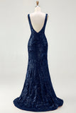 Vestido largo de fiesta con cuello en V y lentejuelas de sirena azul marino brillante con abertura