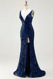Vestido largo de fiesta con cuello en V y lentejuelas de sirena azul marino brillante con abertura