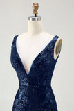 Vestido largo de fiesta con cuello en V y lentejuelas de sirena azul marino brillante con abertura