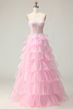 Vestido largo de fiesta con lentejuelas en capas y corsé rosa princesa con cordones en la espalda