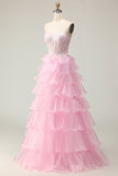 Vestido largo de fiesta con lentejuelas en capas y corsé rosa princesa con cordones en la espalda