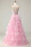 Vestido largo de fiesta con lentejuelas en capas y corsé rosa princesa con cordones en la espalda