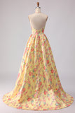 Vestido de graduación largo de fin, largo de espalda abierta y largo de fin, amarillo rosa y floral profundo