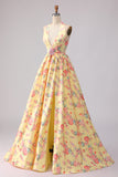 Vestido de graduación largo de fin, largo de espalda abierta y largo de fin, amarillo rosa y floral profundo