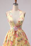 Vestido de graduación largo de fin, largo de espalda abierta y largo de fin, amarillo rosa y floral profundo