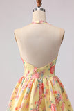 Vestido de graduación largo de fin, largo de espalda abierta y largo de fin, amarillo rosa y floral profundo