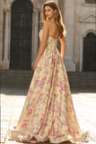 Vestido de graduación largo de fin, largo de espalda abierta y largo de fin, amarillo rosa y floral profundo