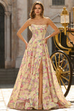 Vestido de graduación largo de fin, largo de espalda abierta y largo de fin, amarillo rosa y floral profundo