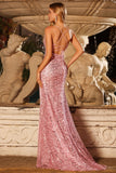 Vestido largo de graduación con pendientes de sirena rosas brillantes con encaje en la espalda