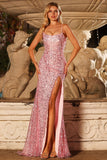 Vestido largo de graduación con pendientes de sirena rosas brillantes con encaje en la espalda