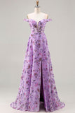 Vestido largo de graduación de lentejuelas, floral de hombros descubiertos y púrpura