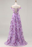 Vestido largo de graduación de lentejuelas, floral de hombros descubiertos y púrpura