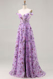 Vestido largo de graduación de lentejuelas, floral de hombros descubiertos y púrpura