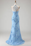Vestido largo de graduación sin espalda sin espalda de sirena azul claro con bordado floral
