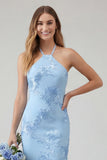 Vestido largo de graduación sin espalda sin espalda de sirena azul claro con bordado floral