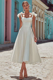 Vestido de novia midi de línea A con tirantes finos blancos con lazo