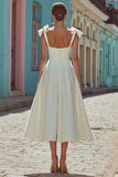 Vestido de novia midi de línea A con tirantes finos blancos con lazo