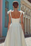 Vestido de novia midi de línea A con tirantes finos blancos con lazo