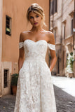 Vestido de novia midi de encaje blanco con hombros descubiertos y apliques