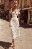 Vestido de novia midi con apliques de encaje en línea A con hombros descubiertos blancos