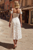 Vestido de novia midi con apliques de encaje en línea A con hombros descubiertos blancos