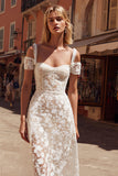 Vestido de novia midi con apliques de encaje en línea A con hombros descubiertos blancos