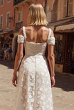 Vestido de novia midi con apliques de encaje en línea A con hombros descubiertos blancos