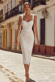 Vestido de novia midi con aplicación de encaje de tirantes finos de vaina de marfil