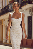 Vestido de novia midi con aplicación de encaje de tirantes finos de vaina de marfil