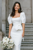 Vestido de novia midi tubo de cuello cuadrado blanco