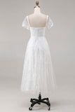 Vestido de novia midi de encaje marfil con mangas cortas